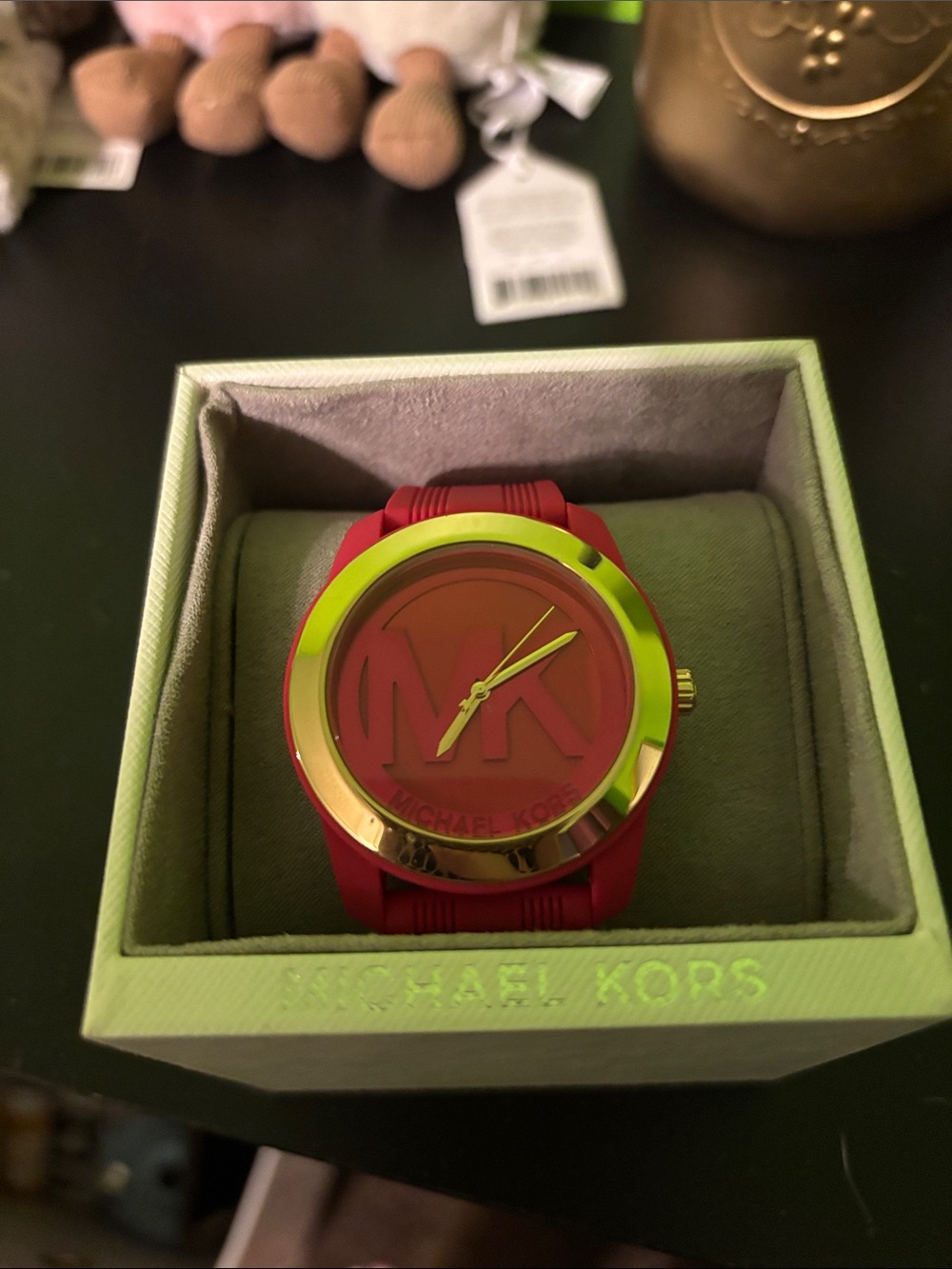 Michael Kors Men’s Red Silicone Watch with Gold-Tone Bezel and Red Dial